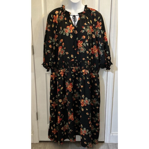 Terra & Sky Black Red Floral Maxi Dress Plus Size 5X 3/4 Sleeve Keyhole Tie Neck - Picture 1 of 16